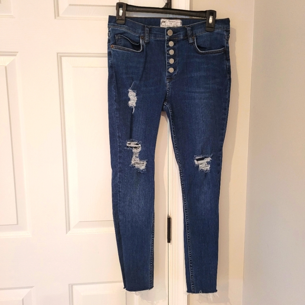 Free People Distressed Denim Blue Skinny Jeans 5 Button Fly Size 29 Waist - Picture 1 of 5